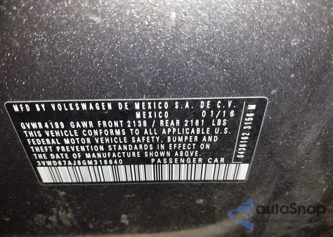 2016 Volkswagen Jetta 1.4T Se z USA, uszkodzony, nr VIN 3VWD67AJ8GM316640